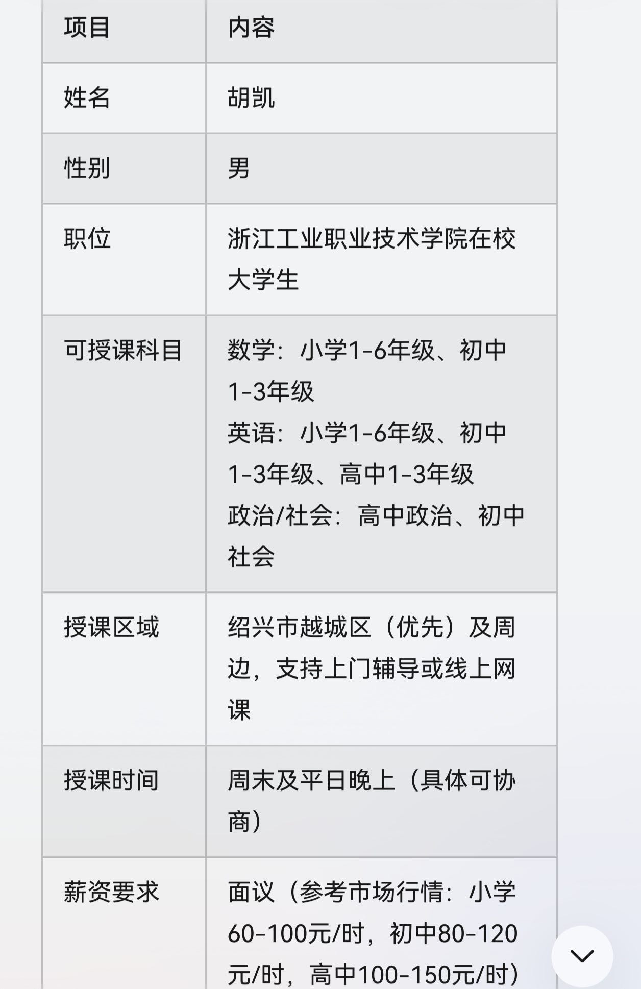 胡凯浙江绍兴家教老师